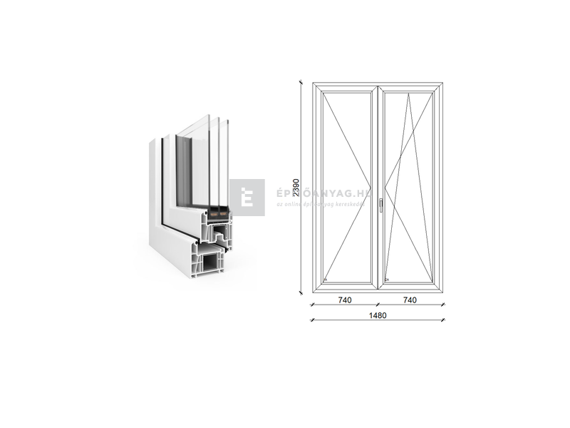 EkoSun 70 CL 3r üv NY-BNY 150x240 cm jobb fehér kétszárnyú váltószárnyas erkélyajtó
