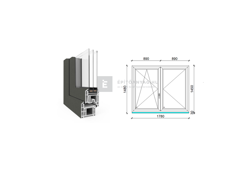 EkoSun 70 CL 3r üv NY-BNY 180x150 cm bal kívül antracit, belül fehér kétsz. váltószárnyas ablak