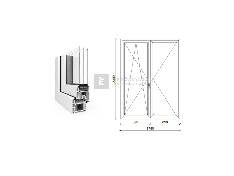 EkoSun 70 CL 3r üv NY-BNY 180x240 cm bal fehér kétszárnyú váltószárnyas erkélyajtó