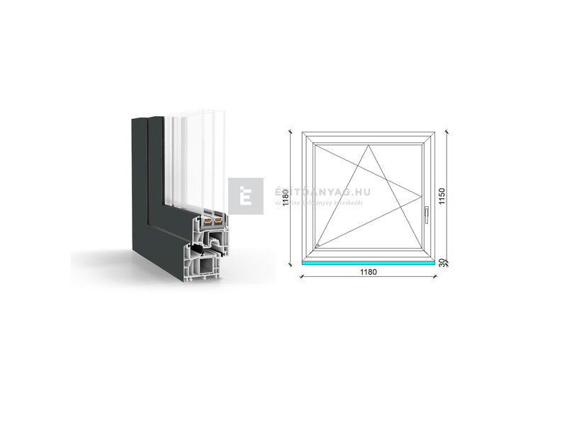 GreenEvolution 76 B 3r üv BNY 120x120 cm bal kívül antracit, belül fehér egyszárnyú ablak