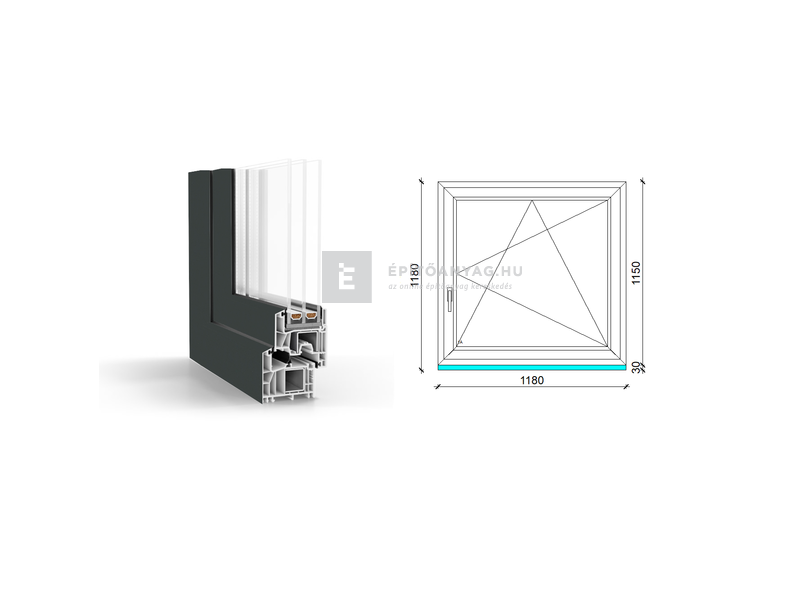 GreenEvolution 76 B 3r üv BNY 120x120 cm jobb kívül antracit, belül fehér egyszárnyú ablak
