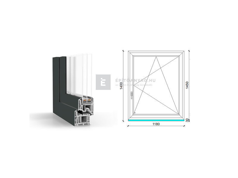 GreenEvolution 76 B 3r üv BNY 120x150 cm jobb kívül antracit, belül fehér egyszárnyú ablak