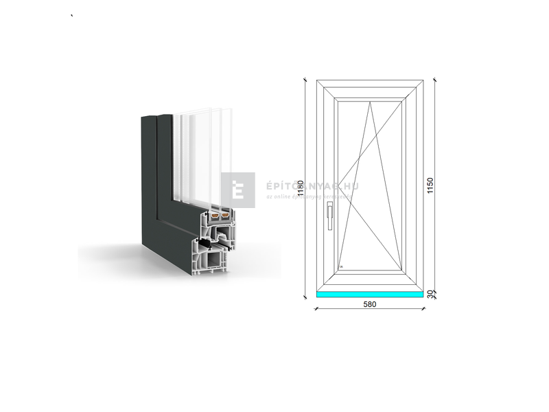 GreenEvolution 76 B 3r üv BNY 60x120 cm jobb kívül antracit, belül fehér egyszárnyú ablak