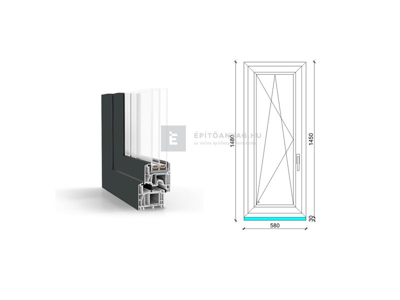 GreenEvolution 76 B 3r üv BNY 60x150 cm bal kívül antracit, belül fehér egyszárnyú ablak