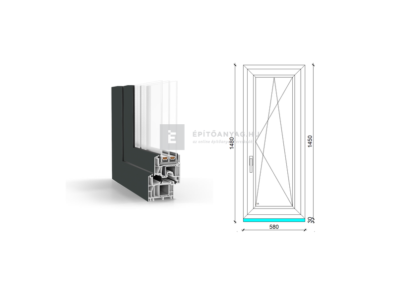 GreenEvolution 76 B 3r üv BNY 60x150 cm jobb kívül antracit, belül fehér egyszárnyú ablak