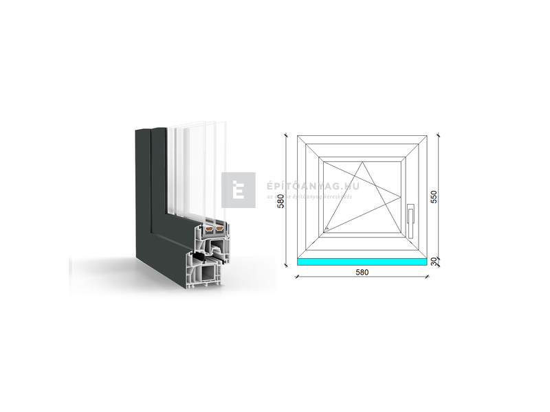 GreenEvolution 76 B 3r üv BNY 60x60 cm bal kívül antracit, belül fehér egyszárnyú ablak