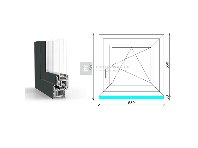 GreenEvolution 76 B 3r üv BNY 60x60 cm jobb kívül antracit, belül fehér egyszárnyú ablak