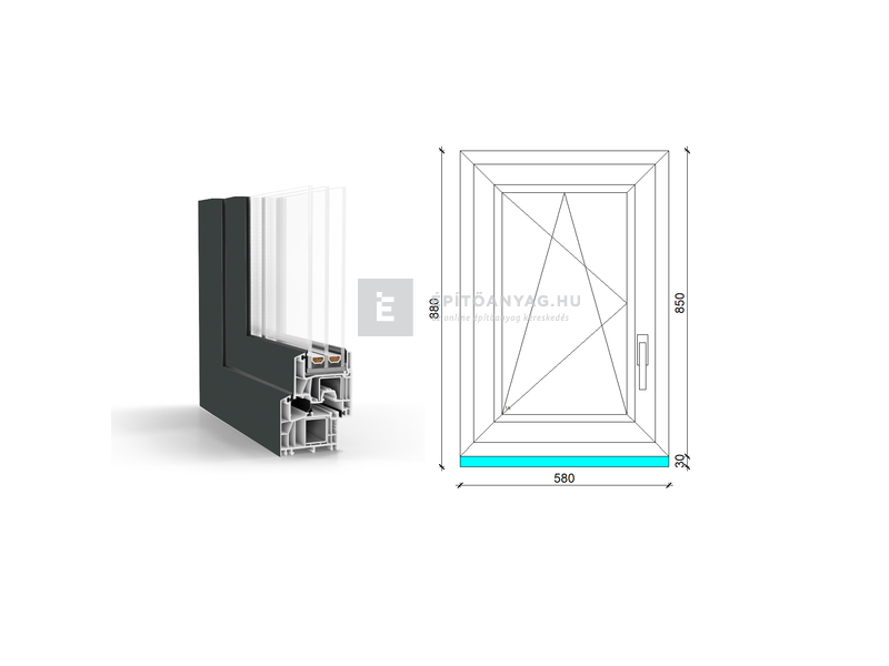 GreenEvolution 76 B 3r üv BNY 60x90 cm bal kívül antracit, belül fehér egyszárnyú ablak