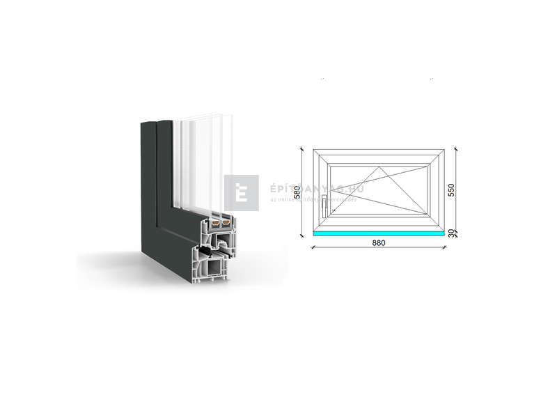 GreenEvolution 76 B 3r üv BNY 90x60 cm jobb kívül antracit, belül fehér egyszárnyú ablak