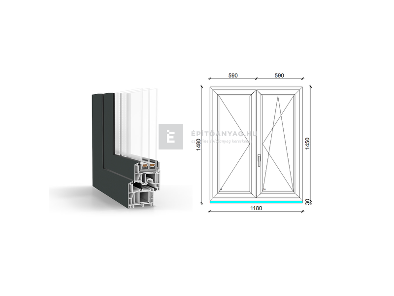 GreenEvolution 76 B 3r üv NY-BNY 120x150cm jobb kívül antracit belül fehér kétsz. váltósz. ablak