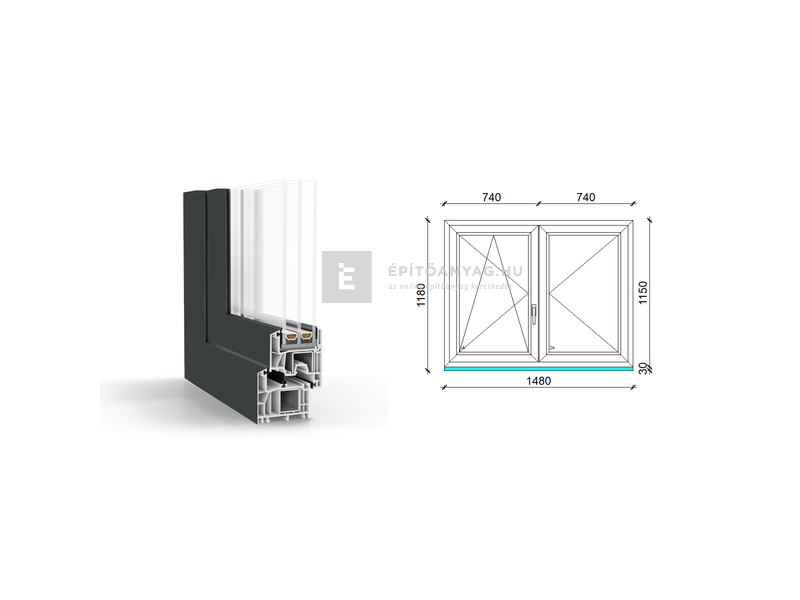GreenEvolution 76 B 3r üv NY-BNY 150x120cm bal kívül antracit, belül fehér kétsz. váltósz. ablak