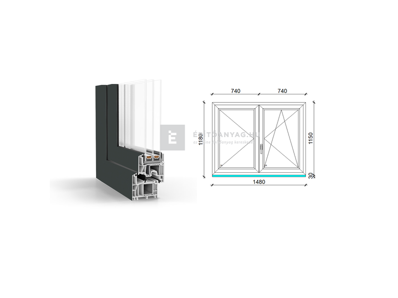 GreenEvolution 76 B 3r üv NY-BNY 150x120cm jobb kívül antracit belül fehér kétsz. váltósz. ablak