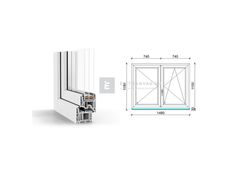GreenEvolution 76 B 3r üv NY-BNY 150x120 cm jobb fehér kétszárnyú váltószárnyas ablak