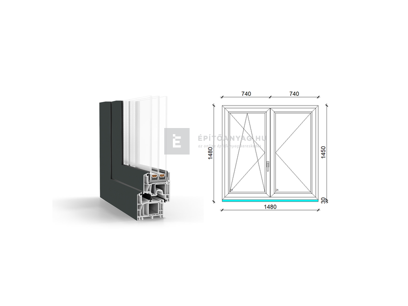 GreenEvolution 76 B 3r üv NY-BNY 150x150cm bal kívül antracit, belül fehér kétsz. váltósz. ablak