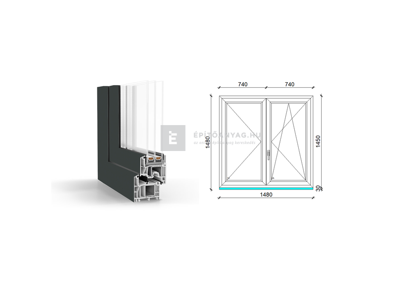 GreenEvolution 76 B 3r üv NY-BNY 150x150cm jobb kívül antracit belül fehér kétsz. váltósz. ablak
