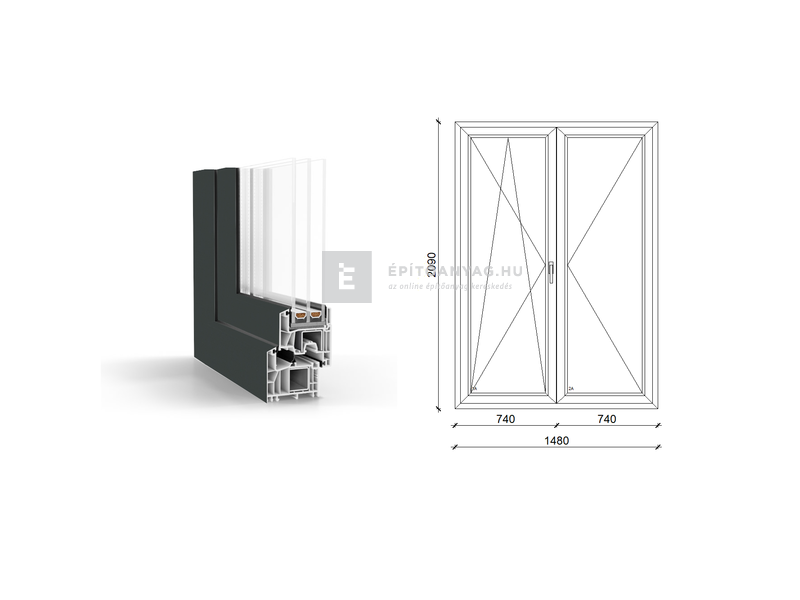 GreenEvolution 76 B 3r üv NY-BNY 150x210cm bal kívül antracit belül fehér kétsz.váltósz. erkélya.