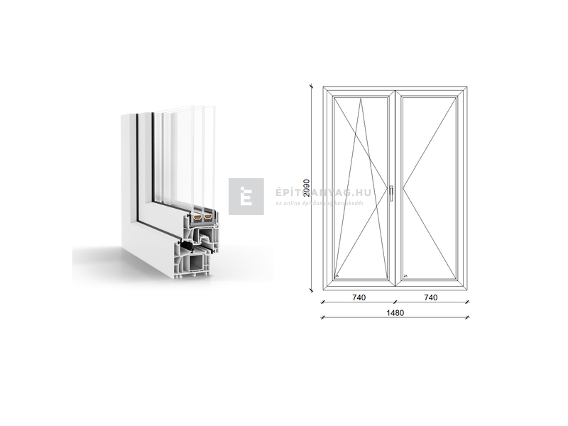 GreenEvolution 76 B 3r üv NY-BNY 150x210 cm bal fehér kétszárnyú váltószárnyas erkélyajtó