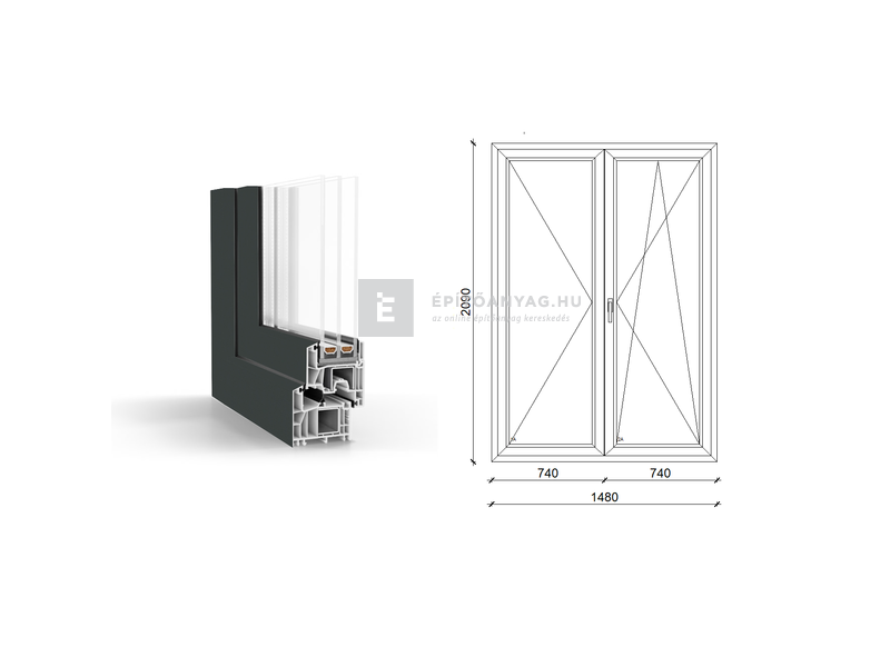 GreenEvolution 76 B 3r üv NY-BNY 150x210cm jobb kívül antracit belül fehér kétsz.váltósz.erkélya.