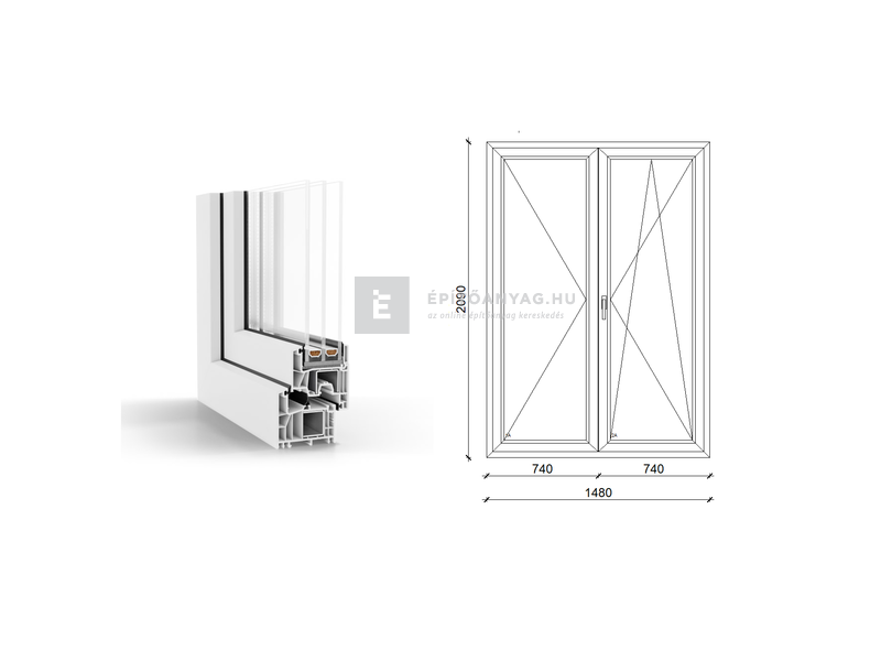 GreenEvolution 76 B 3r üv NY-BNY 150x210 cm jobb fehér kétszárnyú váltószárnyas erkélyajtó