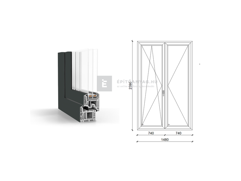GreenEvolution 76 B 3r üv NY-BNY 150x240cm bal kívül antracit belül fehér kétsz.váltósz. erkélya.