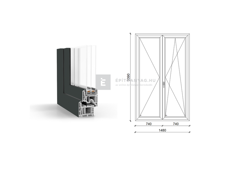 GreenEvolution 76 B 3r üv NY-BNY 150x240cm jobb kívül antracit belül fehér kétsz.váltósz.erkélya.