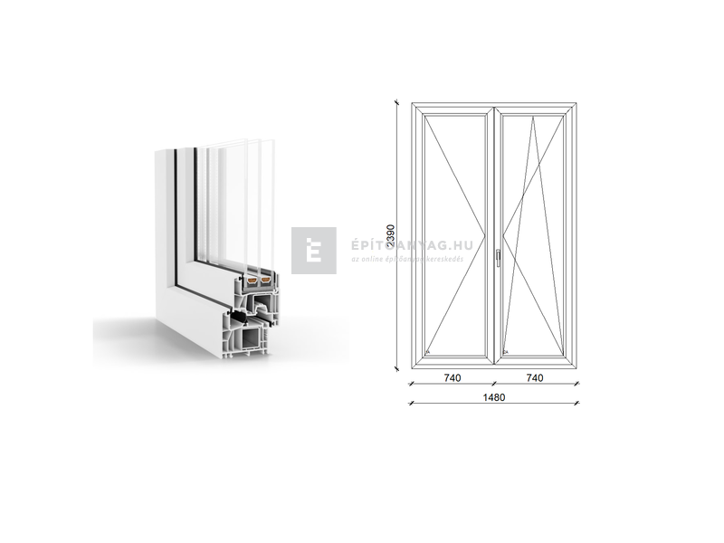 GreenEvolution 76 B 3r üv NY-BNY 150x240 cm jobb fehér kétszárnyú váltószárnyas erkélyajtó