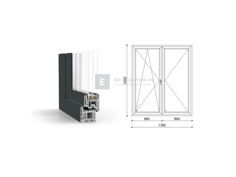 GreenEvolution 76 B 3r üv NY-BNY 180x210cm bal kívül antracit belül fehér kétsz.váltósz. erkélya.