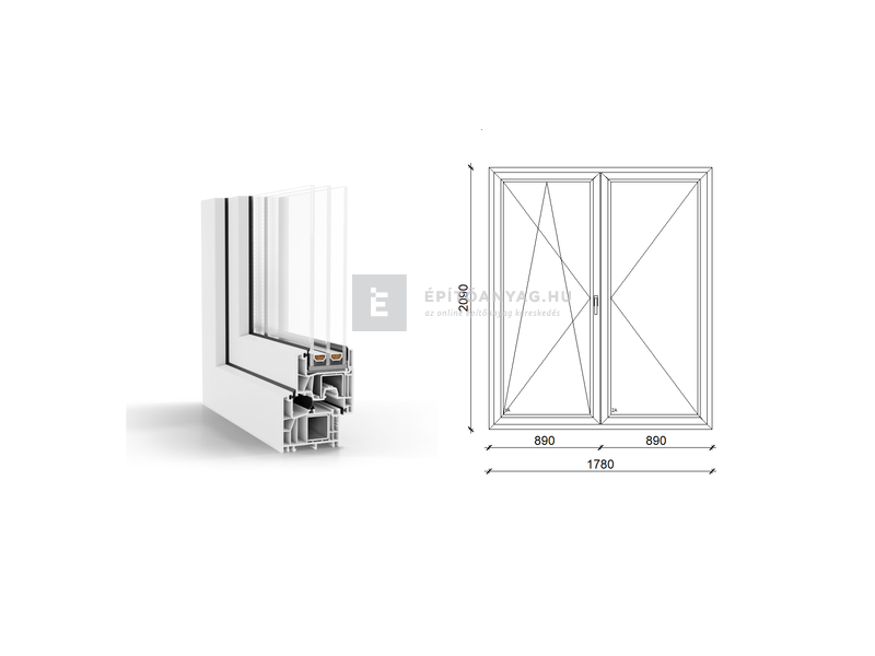 GreenEvolution 76 B 3r üv NY-BNY 180x210 cm bal fehér kétszárnyú váltószárnyas erkélyajtó