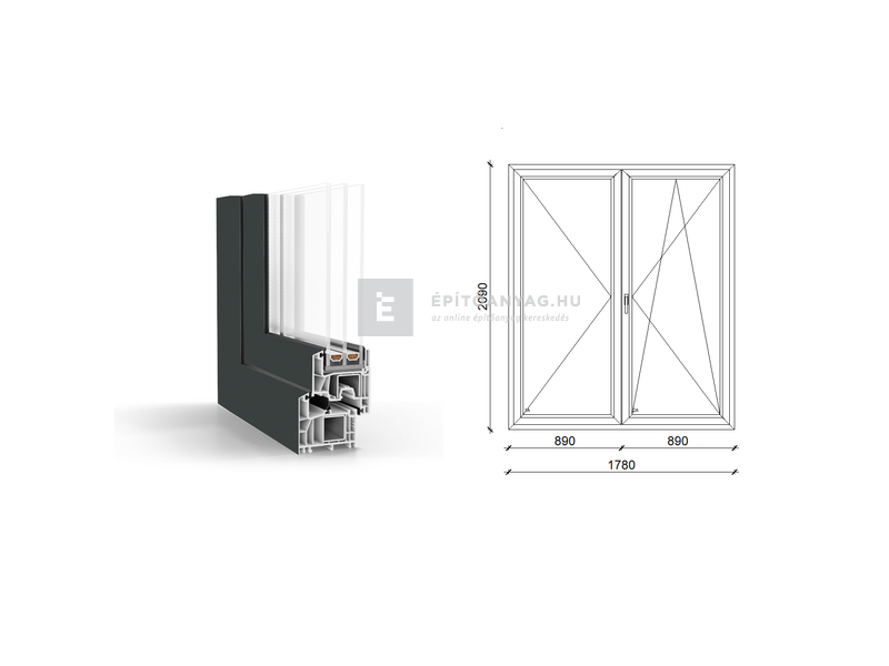 GreenEvolution 76 B 3r üv NY-BNY 180x210cm jobb kívül antracit belül fehér kétsz.váltósz.erkélya.