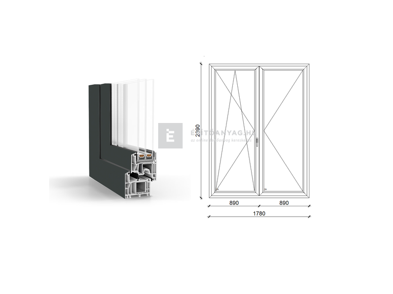 GreenEvolution 76 B 3r üv NY-BNY 180x240cm bal kívül antracit belül fehér kétsz.váltósz. erkélya.