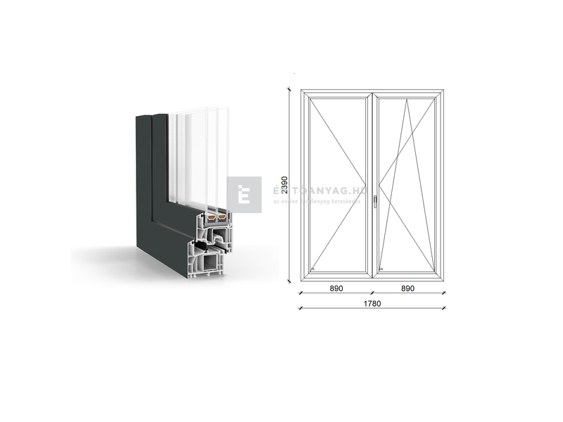 GreenEvolution 76 B 3r üv NY-BNY 180x240cm jobb kívül antracit belül fehér kétsz.váltósz.erkélya.