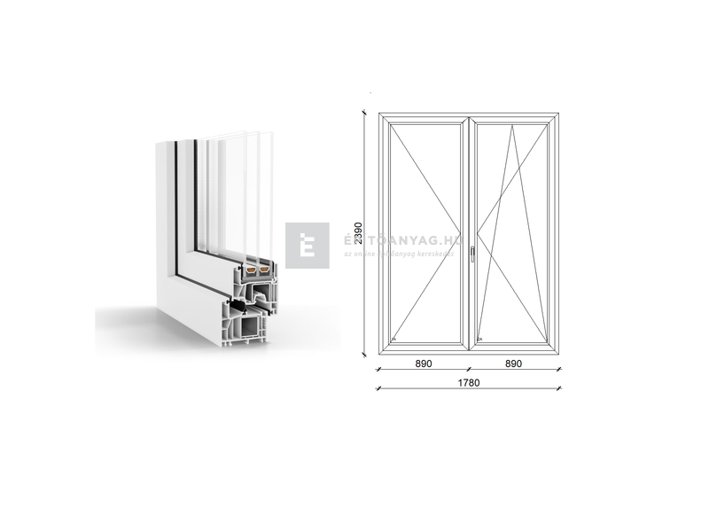GreenEvolution 76 B 3r üv NY-BNY 180x240 cm jobb fehér kétszárnyú váltószárnyas erkélyajtó