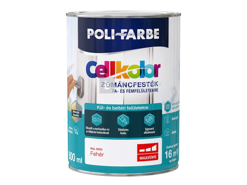 Poli-Farbe Cellkolor Zománcfesték fára és fémre RAL 9003 fehér 0,8 l