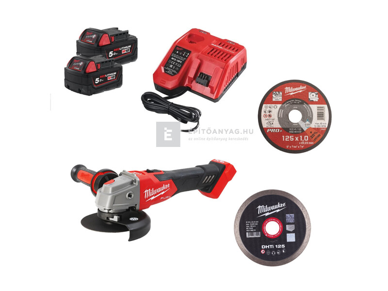 Milwaukee M18FSAG125XB100P-502P erőcsomag (M18FSAG125XB 2 akku, töltő, tartozékok, packout)